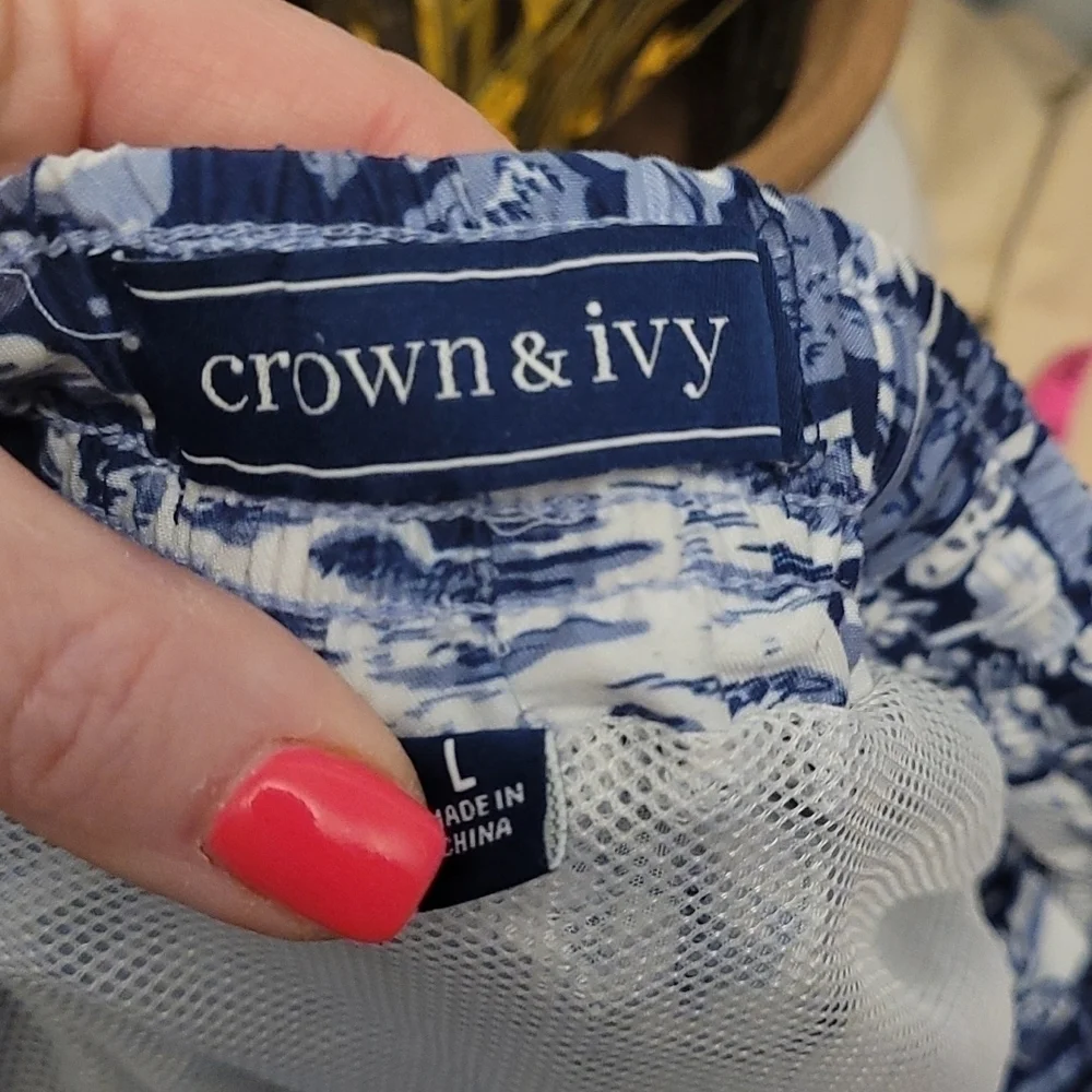 Crown & Ivy sz large blue white tropical beach swim trunks shorts SW42